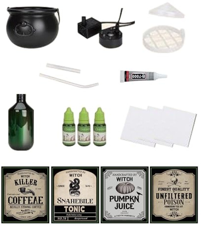 Bubbling Cauldron Bowl Halloween Decoration, Mist with Floating Potion Bottle and Machine, Foaming with Floating Drinking Bottles, Halloween Decoration for Scary Houses