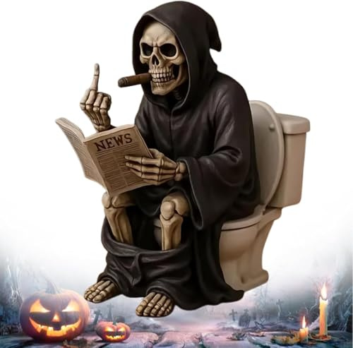 Aukojoy Toiletten-Sensenmann-Figur, Lustige Mittelfinger-Sensenmann-Figur, Gothic-Skelett-Figuren, Lustige Halloween-Toiletten-Sensenmann-Statue, Deko für Schreibtisch und Bücherregal