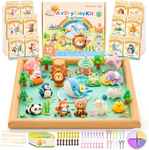 Shuttle Art Modelliermasse lufttrocknend Tiere-Serie, 55 Air Dry Clay Set | 55 Stück lufttrocknende Knete Set zum Thema Tiere, selbsttrocknender Ton für Kinder mit Werkzeugen, Zubehör, Anleitung
