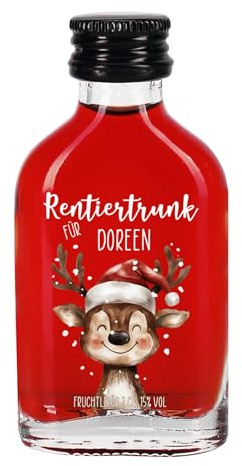 Herz & Heim® Personalisierter Schnaps zu Weihnachten – Mini-Flasche Likör zu Weihnachten – 2 cl Fruchtlikör oder Kräuterlikör – Rentier-Motiv mit Name – Mitbringsel & Geschenkidee (Fruchtlikör)