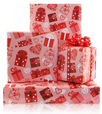 Papier cadeau de Saint-Valentin, enveloppes cloutées en forme de cœur, boîtes cadeaux, imprimé roses, papier cadeau de mariage plié à plat avec ruban pour Saint-Valentin, anniversaire, fête des mères