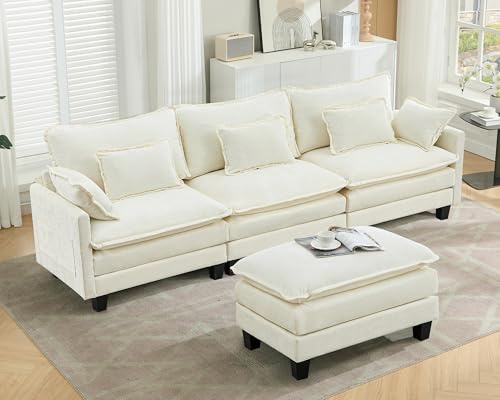 SITURAY Doppellagige Ecksofa Modulares Sofa, Wohnlandschaft L-Form Cloud Couch mit Ottomane, Chenillestoff Eckcouch Corner Couch mit Schlaffunktion für Wohnzimmer Schlafzimmer (Beige, 3 Sitzer)