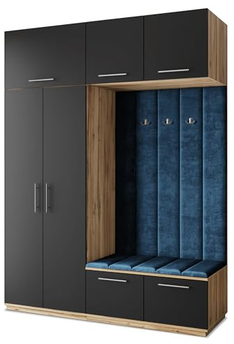 Masseno Flugarderoben Set Rema, Kleiderschrank-Set mit Sitzbank, Garderobenschrank Flur mit 5 Regalböden, Eiche Wotan/Schwarz