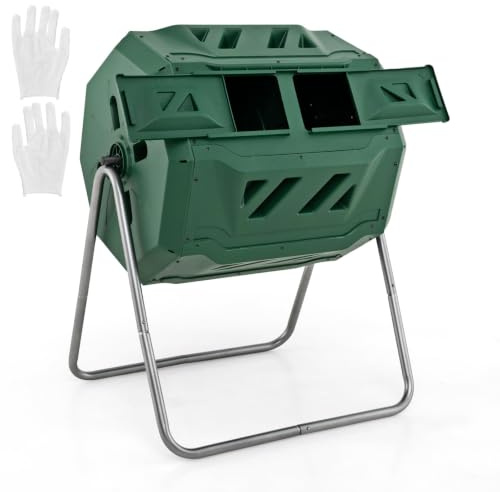 COSTWAY 160L Trommel-Komposter, Gartenkomposter Doppelkammer, 360° drehbar, Kompostschleuder mit 2 Schiebetüren & Handschuhe, Schnellkomposter aus PP & Metall, für Galkon Balkon, 70x63x93cm (Grün)