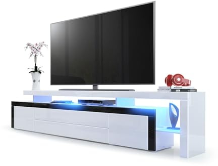 Vladon TV Board Lowboard Leon V3, Made in Germany, Korpus und Überbau in Weiß Hochglanz/Front in Weiß Hochglanz mit Rahmen in Schwarz Hochglanz inkl. LED Beleuchtung (227 x 52 x 35 cm)