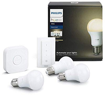 Philips Hue Kit de démarrage 3 ampoules White E27 + pont de connexion + télécommande Hue incluse (Nouveau) Blanc Fonctionne avec Alexa 1800443
