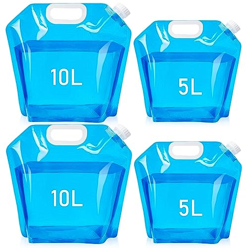 Tebery 4 Stück Faltbarer Wasserkanister, Tragbar Wasserbehälter mit Dichtem Deckel, Bpa-Frei Faltkanister Trinkwasser für Outdoor Camping, Wanderungen, Picknicks, [2x5L + 2x10L]