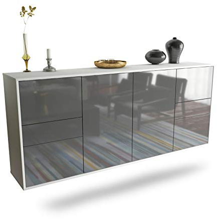 Dekati Sideboard Beaumont hängend (180x77x35cm) Korpus Weiss matt, Front Hochglanz Grau, Push to Open, Leichtlaufschienen