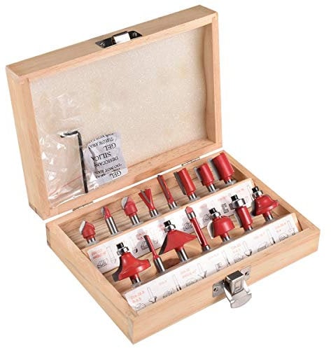 KATUR 15pcs Woodworking Milling Cutter Router Bit Set 1/4 Inch Shank Carbide Tipped Router Bit Set with Wooden Case for Home Improvement and DIY(1/4 Shank)