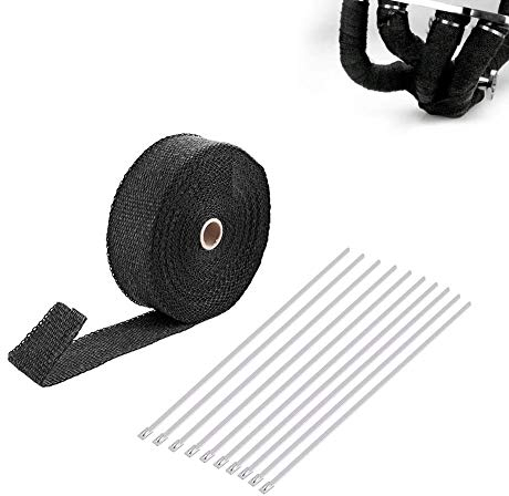 Hitzeschutzband Basaltfaser Auspuffband, Hitzeschutzband Basaltfaser, 15m Motorrad hitzeschutzband mit 10 Edelstahl Kabelbinder Schwarz