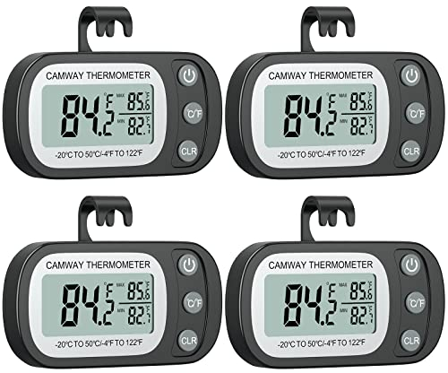 CAMWAY 4PCS Termómetro Digital para Refrigerador Impermeable con Pantalla LCD Grande, Termómetro de Nevera para Congelador Resistente al Agua, Función de Grabación Máxima/Mínima