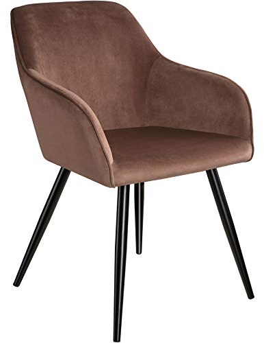 tectake® moderner Esszimmer Stuhl mit Armlehnen, Sitzfläche aus Samt, Armlehnstuhl, Sessel Wohnzimmer, gepolsterter Office Chair mit schwarzen Metallbeinen, Schminktisch Stuhl - braun/schwarz