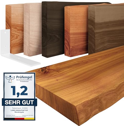 LAMO Manufaktur Wandregal Holz Baumkante | Regal Farbe: Rustikal | mit weißem Basic Regalträger | 160 cm
