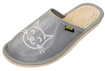 APREGGIO -Pantofole Estive da Donna in Pelle Liscia - Ciabatte Leggere con Zeppa - Pantofole chiuse - Ideali per Casa - Grigio con motivo gatto bianco - Taglia 37 EU