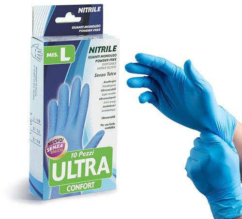 Bottari Gants en nitrile jetables sans talc ultra confort, lot de 10 pièces, taille L, résistants et confortables