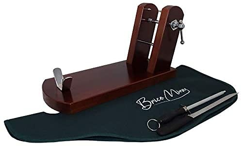 BRICOMIRAS - Jamonero Rioja de Madera de Pino | Incluye Cuchillo, Chaira y Cubrejamón | Antideslizante, Diseño Español | Ideal para Hostelería y Hogar, Nogal, Pack 1