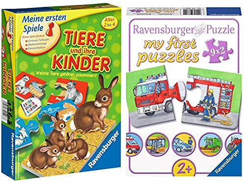 Ravensburger 21403 - Tiere und ihre Kinder - Kinderspiel, Tierwelt kennenlernen - für 1-4 Spieler ab 2 Jahren & Kinderpuzzle 07332 - Einsatzfahrzeuge - My First Puzzles - 2,4,6,8 Teile