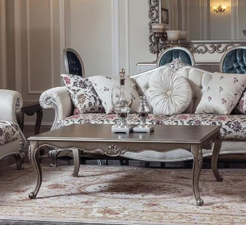 Casa Padrino Luxus Barock Couchtisch Silber 126 x 90 x H. 45 cm - Rechteckiger Massivholz Wohnzimmertisch im Barockstil - Barock Wohnzimmer Möbel