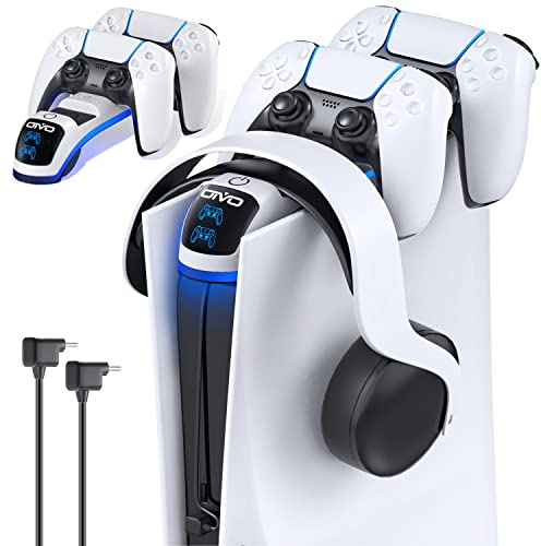 OIVO Cargador Mando PS5 con Soporte para Auricular, Rápido 2H Estación de Carga para Playstation 5 con Interruptor Táctil Actualizado, y Cable de Carga (Solo per la Console PS5 2020)