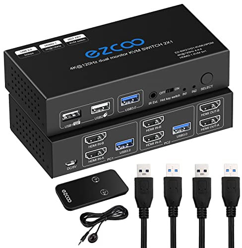 USB 3.0 KVM Switch HDMI Dual Monitor 2 Computer 4K 120Hz 8K VRR G/Sync Atmos HotKey Toggle IR Remote- KVM Extend Display Keyboard Mouse Printer, USB 3.0 Cable, IR Extender, HDMI 2.1 HDCP 2.3 21KVMDM