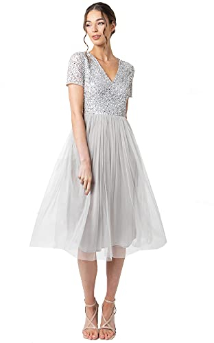 Maya Deluxe Damen Abendkleid mit Pailletten-Cocktailkleid V-Ausschnitt-Tüllkleid Kurzen Ärmeln Brautjungfernkleid, Soft Grey, 50 EU