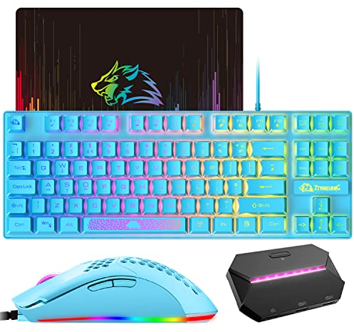 Ziyou LANG Gaming-Tastaturmaus, Plug & Play, mit Adapter/Konverter, Gaming-Tastatur mit RGB-Hintergrundbeleuchtung + 6400-DPI-Maus, für Gaming/Working/PC/Mac, UK Layout Qwert-Blau