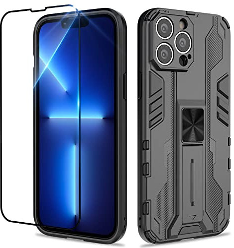 Btstring Case for iPhone 13 Pro and Screen Protector Tempered Glass, Heavy Duty Shockproof Tough Armour Case with Stand Protective Personalised Phone Cover - Black