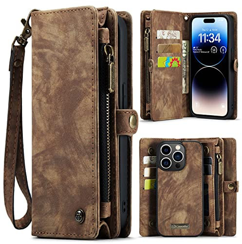 SWP Case for iPhone 14 Pro, Wallet Case w/Magnetic Detachable Cover [8 Card Slots] Clutch Wallet w/Wristlets Money Pocket for iPhone 14 Pro (Brown)