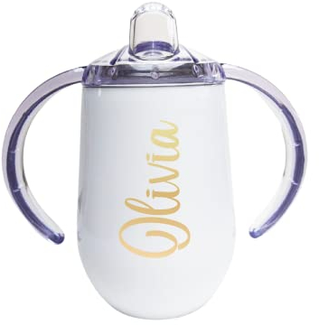 Varsany Personalised Baby Sippy Cup for Toddlers - BPA-Free Stainless Steel Double Walled - Free Flow Sippy Cup - Easy Transition - White