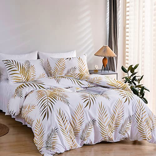 Set Housse de Couette 140x200 cm Motif Feuilles Tropicales Dorées Botanique pour 1 Personne et 1 x Taie d'oreiller 65x65 cm 100% Microfibre Parure de Linge de Lit avec Fermeture Éclair, Or Blanc