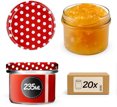 KADAX 20er Set Marmeladengläser 235ml TO82 Rot gepunktet, Einmachgläser Vorratsgläser Mason Jar mit Schraubdeckel, Luftdichte Schraubgläser, Honig & Konfitüre