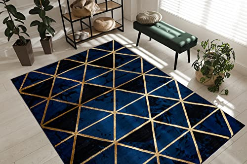 rugsx Exklusiv Emerald Teppich Glamour – Stilvoll, Marmor-Design, Dreiecke Dunkelblau/Gold 140x190 cm Modern Teppich für Wohnzimmer