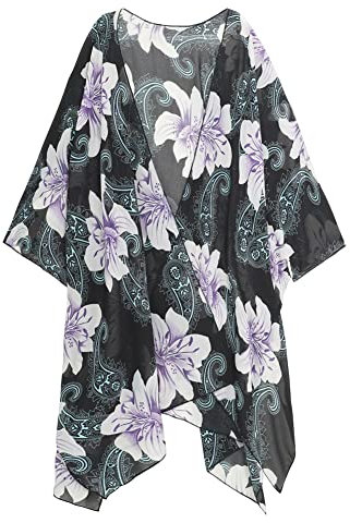 Women's Kimono Cardigan Long Chiffon Floral Swimsuit Cover up Bohemian Beachwear Bikini Shawl Tops Paisley Bauhinia