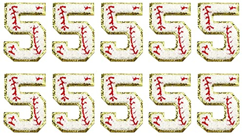 KJMYYXGS 10Pcs Baseball Number 5 Patches Iron on, 3 inch Baseball Chenille Number Patches 5 Varsity Number Iron on Sport Patches for Jackets Clothing Hat Jersey Shirt(Basball-5)