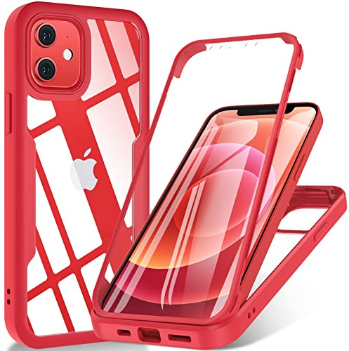 OWKEY für iPhone 12 Hülle, iPhone 12 Pro Hülle, 360 Grad Rundumschutz Stoßfest Handyhülle iPhone 12| iPhone 12 Pro, Silikon Bumper Case Mit Eingebautem Displayschutz Outdoor Cover Schutzhülle, Rot