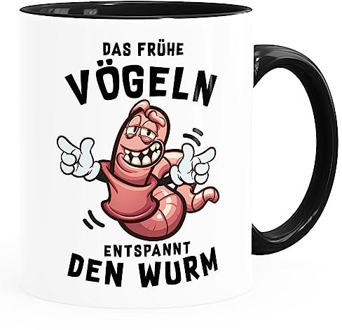 MoonWorks® Kaffee-Tasse mit Spruch Das frühe Vögeln entspannt den Wurm Bürotasse lustige Kaffeebecher weiß-innen-schwarz standard