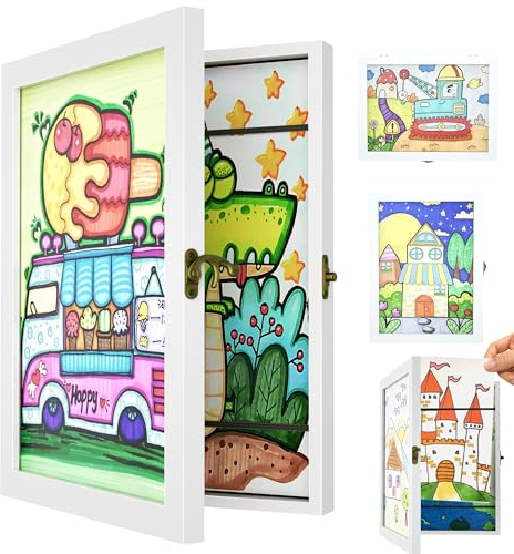 SRIWATANA Bilderrahmen Kinderzeichnungen A4, 2 Stücke Kinder Kunst Rahmen Frontöffnung, aufklappbar befüllbar Kunstfotorahmen Holz 150 Bilder Kunstwerken Kunstprojekte,Schule,Zuhause (rein weiß, 2pcs)