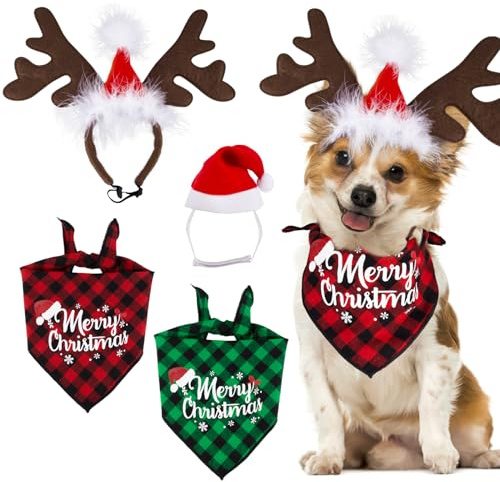 2pcs Bandana Chien Collier Foulards Triangle Bavoirs Écharpe À Carreaux + 2pcs Serre-Tête Chien Chat Bandeau de Noël Bois de Renne Chapeau de Noël Déguisement de Noël pour Animaux de Compagnie
