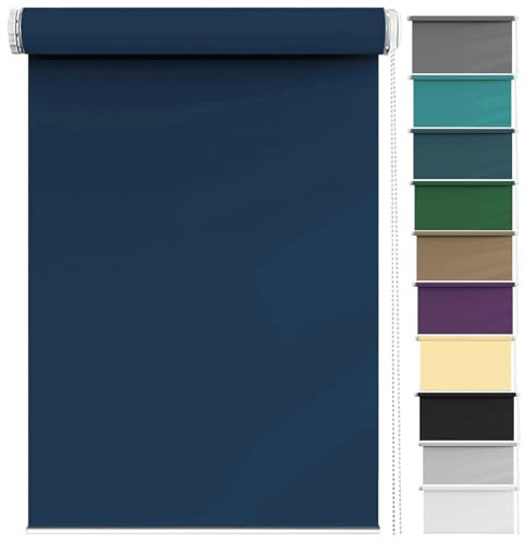 Rollo für Fenster Ohne Bohren 90 x 50 cm Sichtschutz und Sonnenschutz, Blickdichtes Seitenzugrollo Inkl. Aller Montage-Teile für Fenster und Türen, Dunkelblau