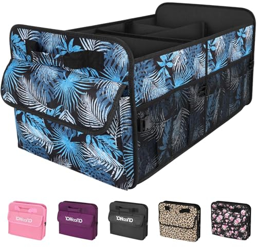 YOHOOLYO Rangement Coffre de Voiture, Organisateur de Coffre 72 L Tissu Oxford 600D Support 36 Kg Rangement Coffre Voiture Solide Pliable et Imperméable, Floral Bleu, 60 x 37 x 32.5 cm