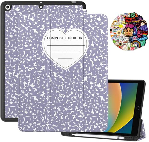 Cabreche Compatible with iPad 10.2 inch Case,9th /8th /7th Generation Case (2021/2020/2019) Pencil Holder Stickers Auto Sleep/Wake Cover Girls Women Cute Preppy Notebook Composition Book-Purple