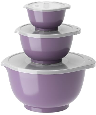 Rosti Margrethe Schüssel Set, Rührschüssel Set, 6-Teilig mit 3 Rührschüsseln und 3 Deckel, Teigschüssel aus Recycelbarem Kunststoff, 0,25 Liter, 0,75 Liter und 3 Liter, Lavender