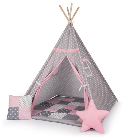Paco Home Kinderzelt Tipi Zelt für Kinderzimmer Spielzimmer Innen Indoor Robust Stabil Wigwam versch. Muster, Farbe:Pink, Sets:Mit Zubehör