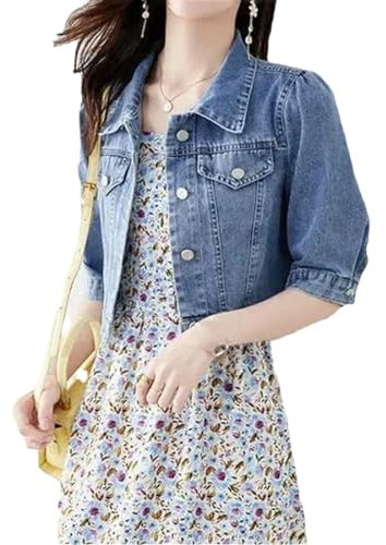 Dcvmvmn Womenvintage Crops Turn Down Collar Jackets Outwear Half Sleeve Denim Street Denim Jacket, A, M