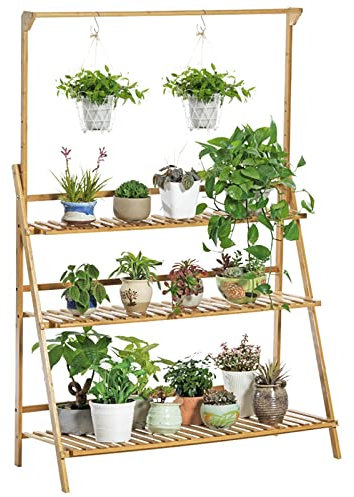 SZITW Hanging Plant Holder Stand 3 Tier Ladder Plant Shelves Bamboo Storage Organizer Rack Folding Garden Shelves Flower Stand Garden Display Ladder Planter For Indoor Outdoor Patio Balcony Yard