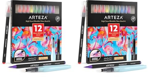 ARTEZA Pinselstifte, Brush Pen 12er-Set, Helle Töne, mischbare Aquarellstifte und 1 Wasserpinsel, Künstlerbedarf für Schule, Zuhause und Büro (Packung mit 2)