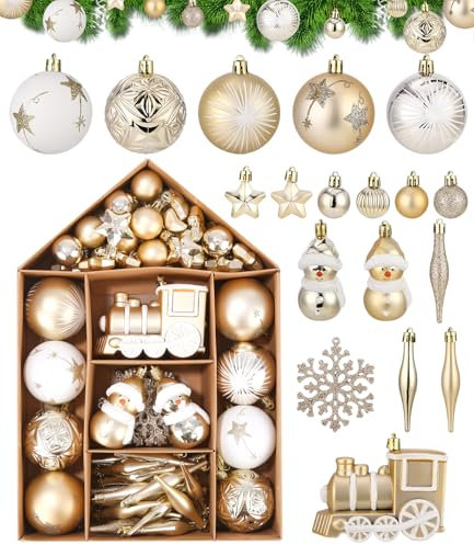 70 Stück Weihnachtskugeln Gold Set, Weihnachtsbaumkugeln Plastik für Weihnachten,Feste, Christbaumkugeln Kunststoff,Weihnachtsornament Aus Kunststoff,Christbaumkugeln Set mit Hängeschleife(Gold&Weiß)