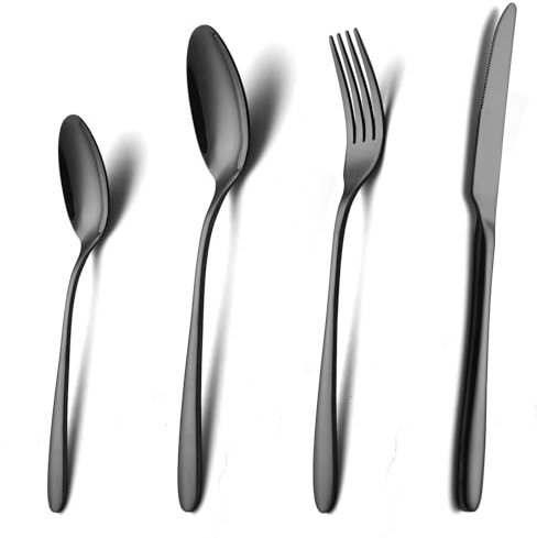 SANLI Set Posate Nero 6 Persone in Acciaio Inox con Coltello Forchetta e Cucchiaio 24 Pezzi Elegante e Resistente per Casa e Ristorante