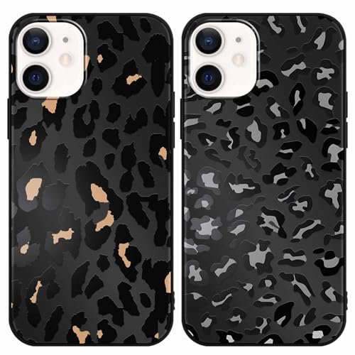 Coalbooliy 2 Pezzi Cover per Apple iPhone 12 Pro/iPhone 12 6,1”, Custodia con Aesthetic Leopardato Motivo Disegni Nero Silicone Morbido TPU Bumper Antiurto Protettiva Phone per Ragazze Case, 06