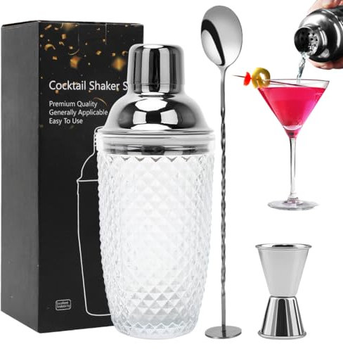 CEWROM Lot de 3 shakers à cocktail en verre de 400 ml avec couvercle doseur en acier inoxydable et passoire pour la maison, le bar, le vin, les jus de fruits mélangés